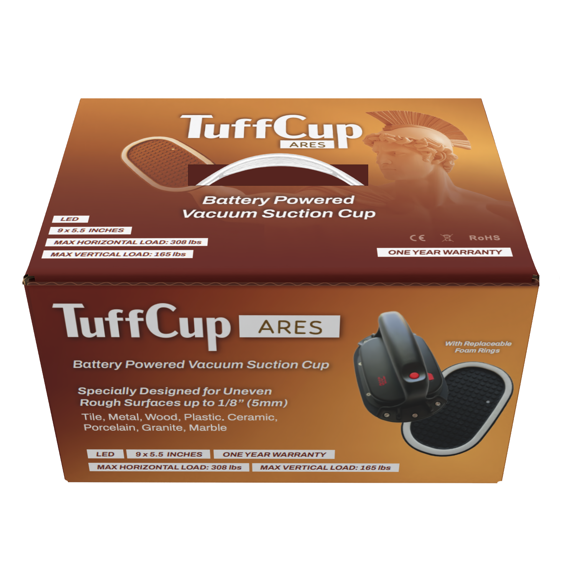 TuffCup Ares 9" x 5.5" LED Battery Powered Vacuum Cup – Heavy-Duty Suction for Rough Surfaces