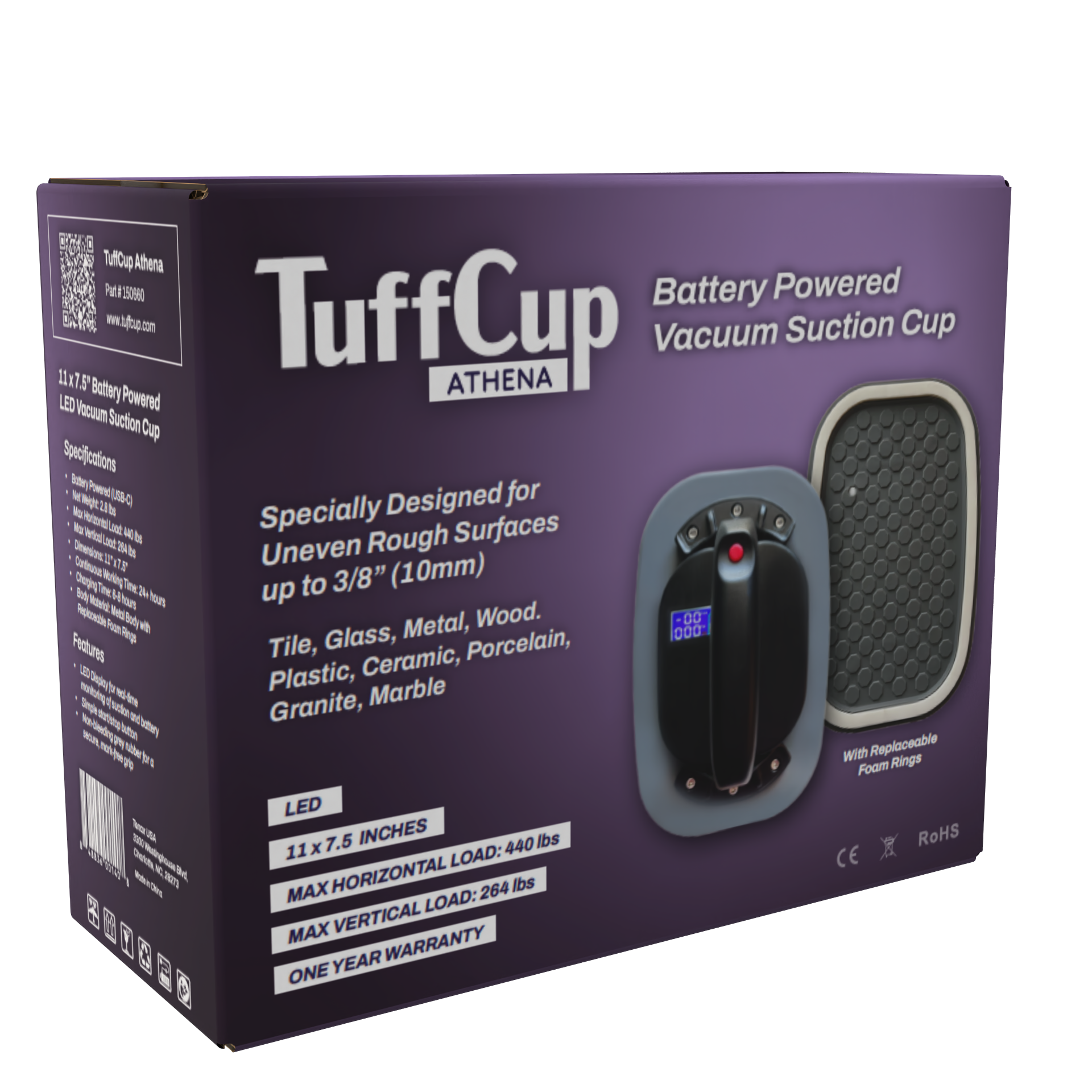 TuffCup Athena 11" LED Battery Powered Vacuum Cup – Heavy-Duty Suction for Rough Surfaces
