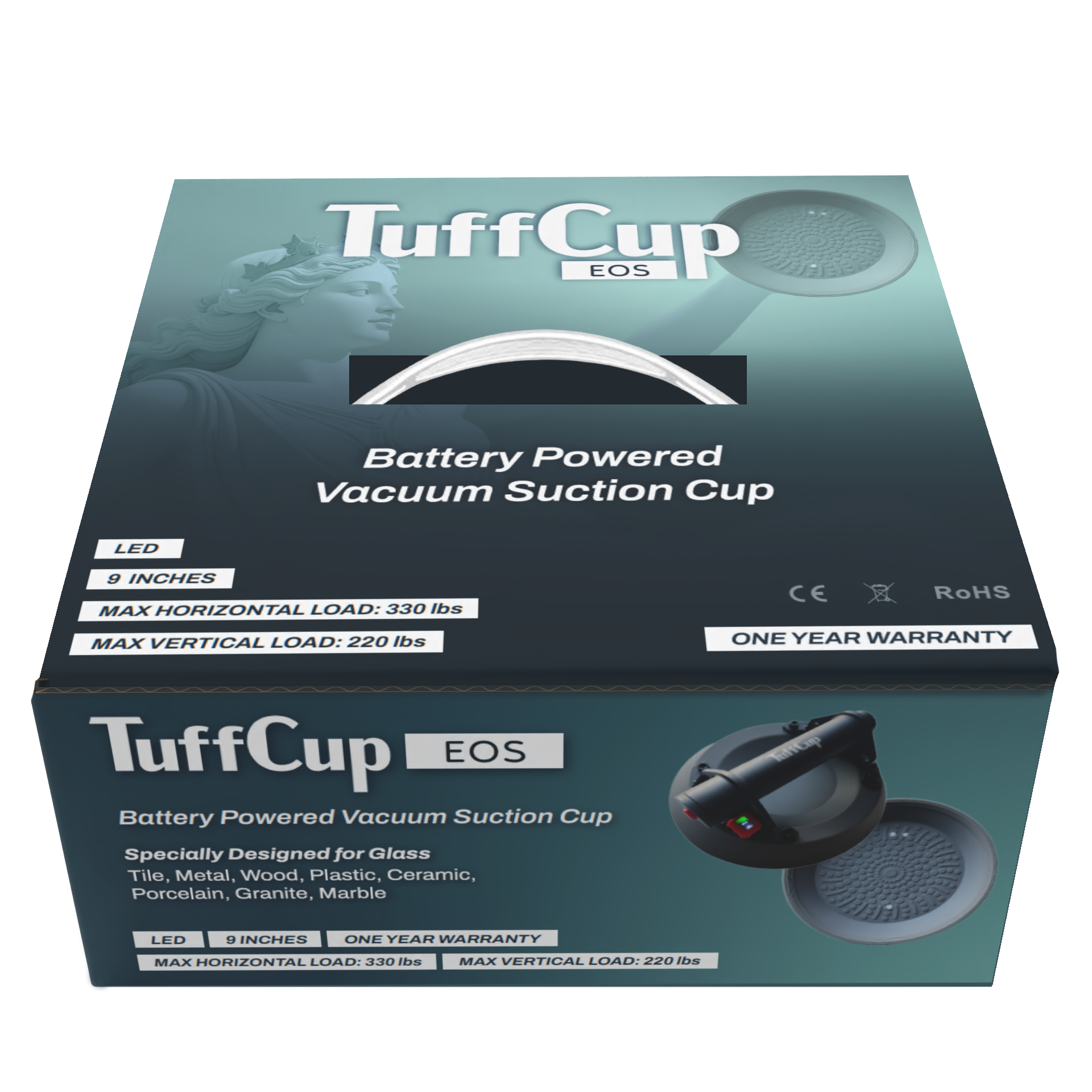 TuffCup Eos 9" LED Electric Battery Powered Vacuum Cup – Heavy-Duty Suction for Glass, Stone & Metal