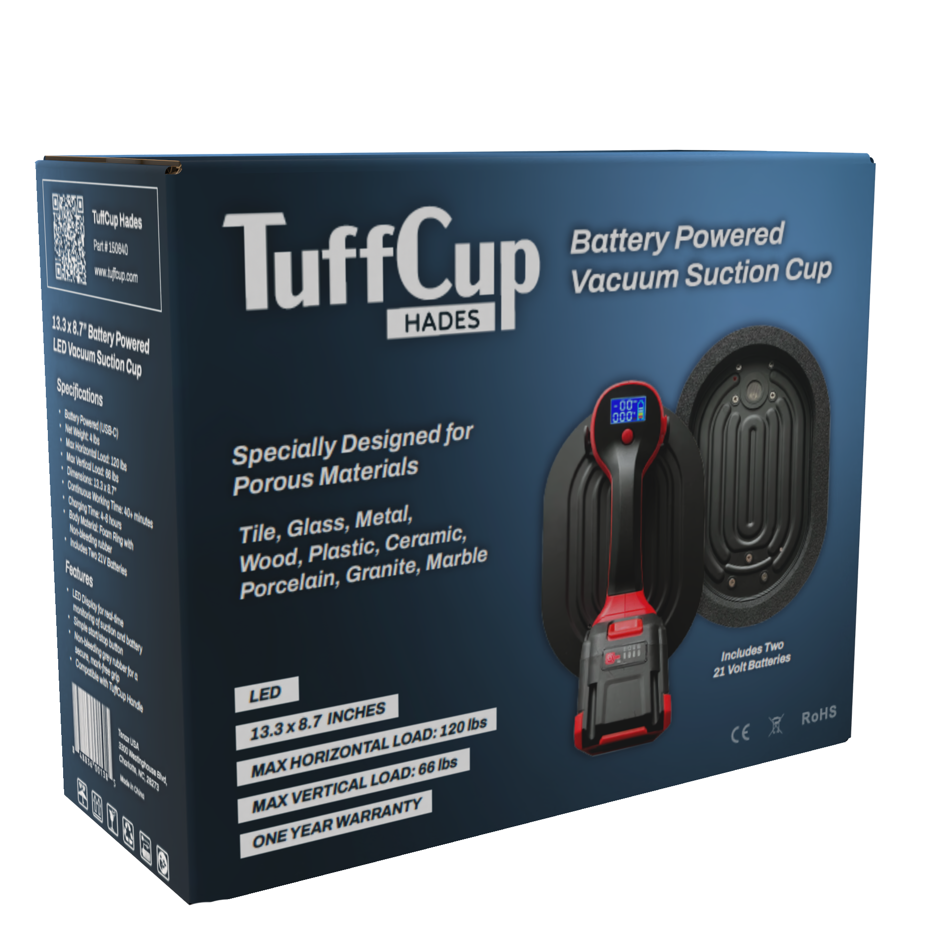 TuffCup Hades 13.3" x 8.7" LED Battery Powered Vacuum Cup – Heavy-Duty Electric Suction Tool