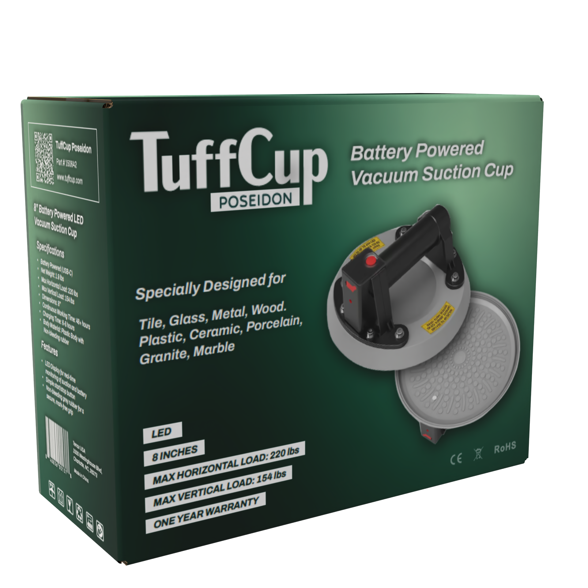 TuffCup Poseidon 8" Battery Powered Vacuum Cup – Lightweight Electric Suction Lifter