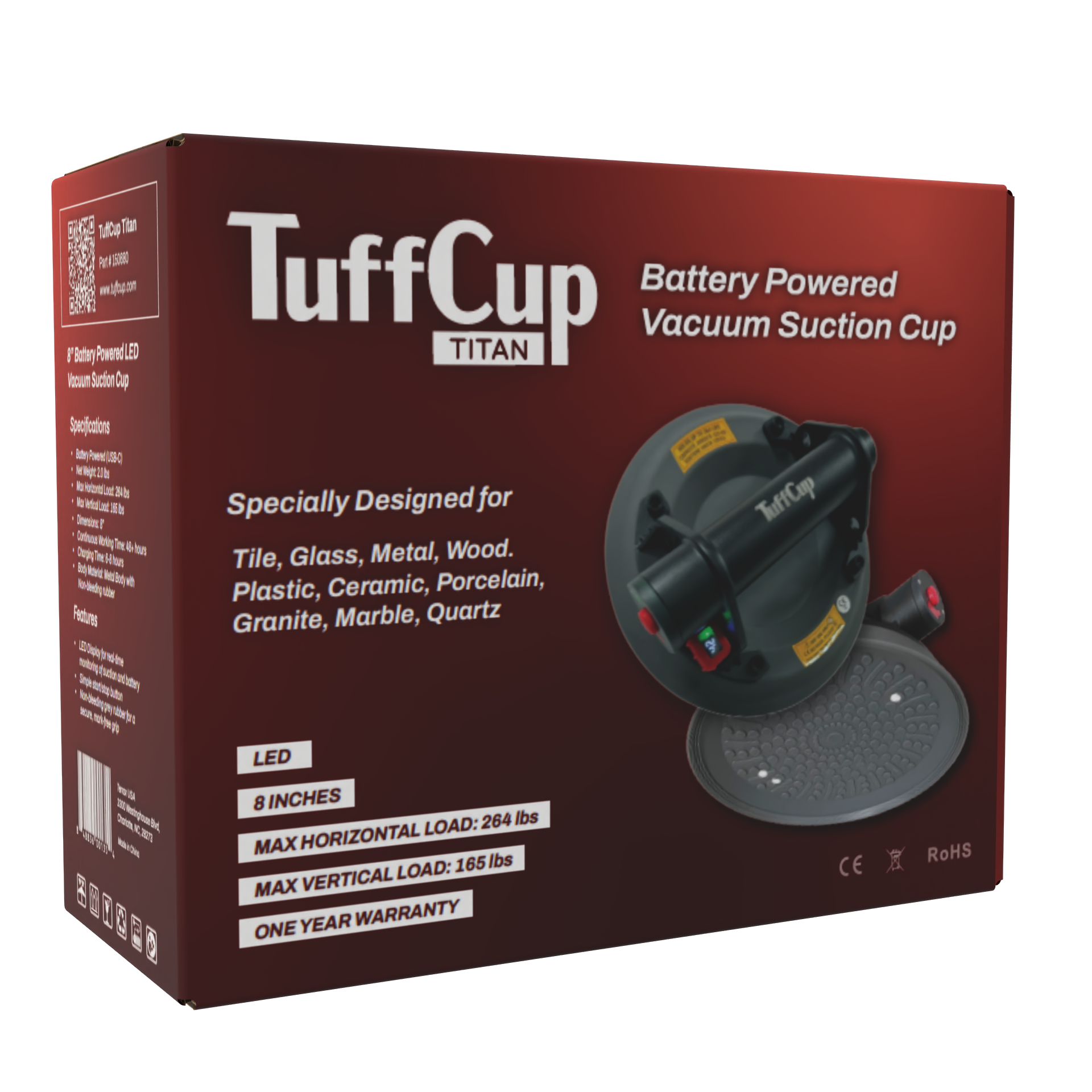 TuffCup Titan 8" LED Battery Powered Vacuum Cup – Heavy-Duty Electric Suction Tool